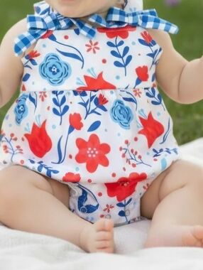 Baby Floral Tie-Shoulder Romper - Red & Blue